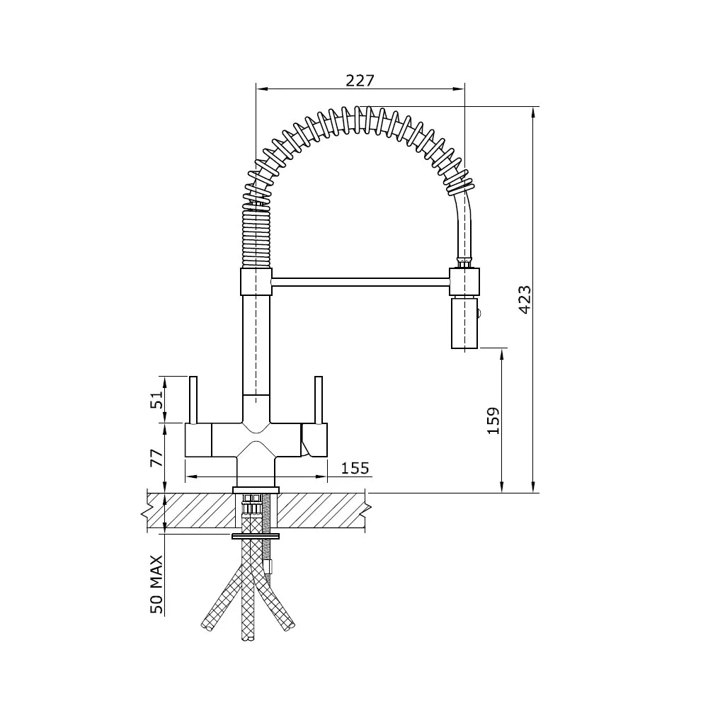 Milano Single Flow 2 lever Brushed Steel 3 way Tap dimensions