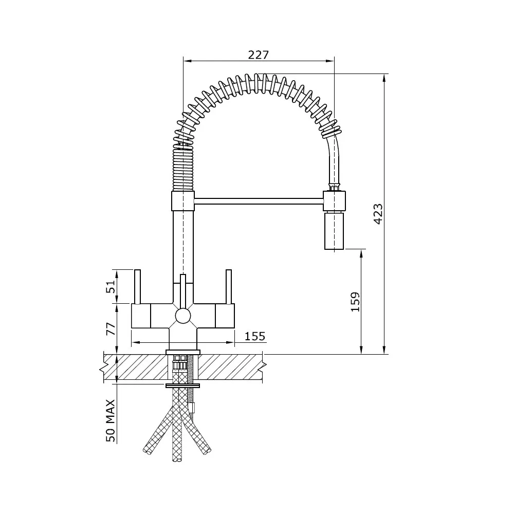 Milano Single Flow 3 Lever Brushed Steel Kitchen Tap