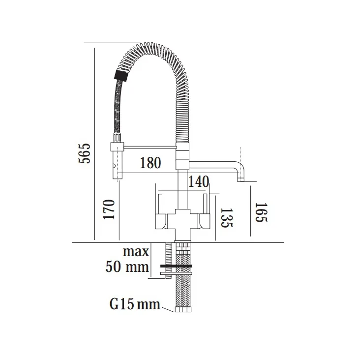 Three way mixer tap with spray head - dimensions