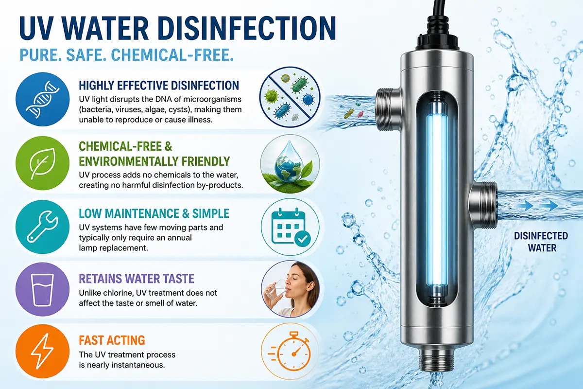 Diagram showing pros of UV water sterilisation