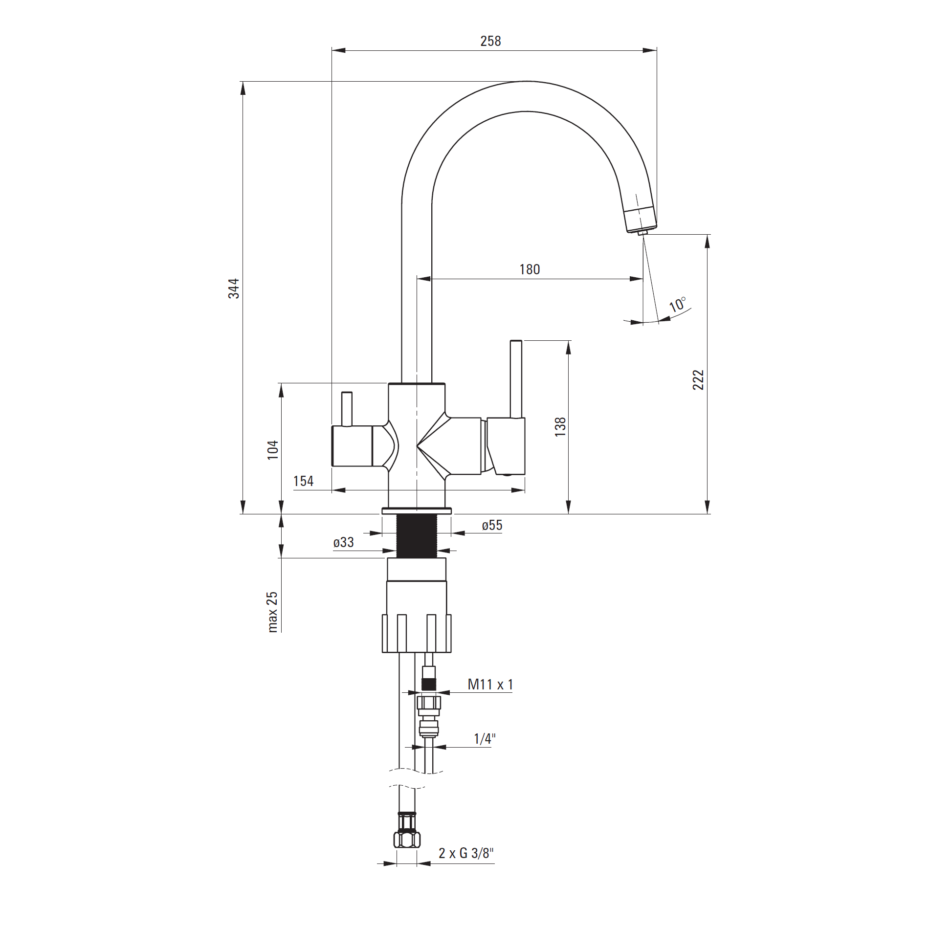 Flow 3 way kitchen tap - chrome