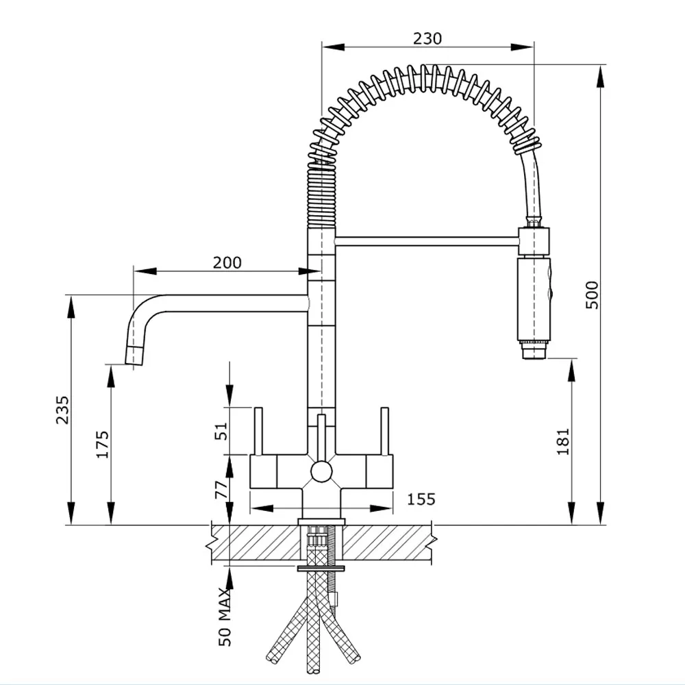 milano 3 lever 3 way tap technical drawing