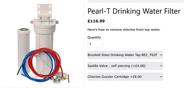 Screen shot of Pearl T water filter options